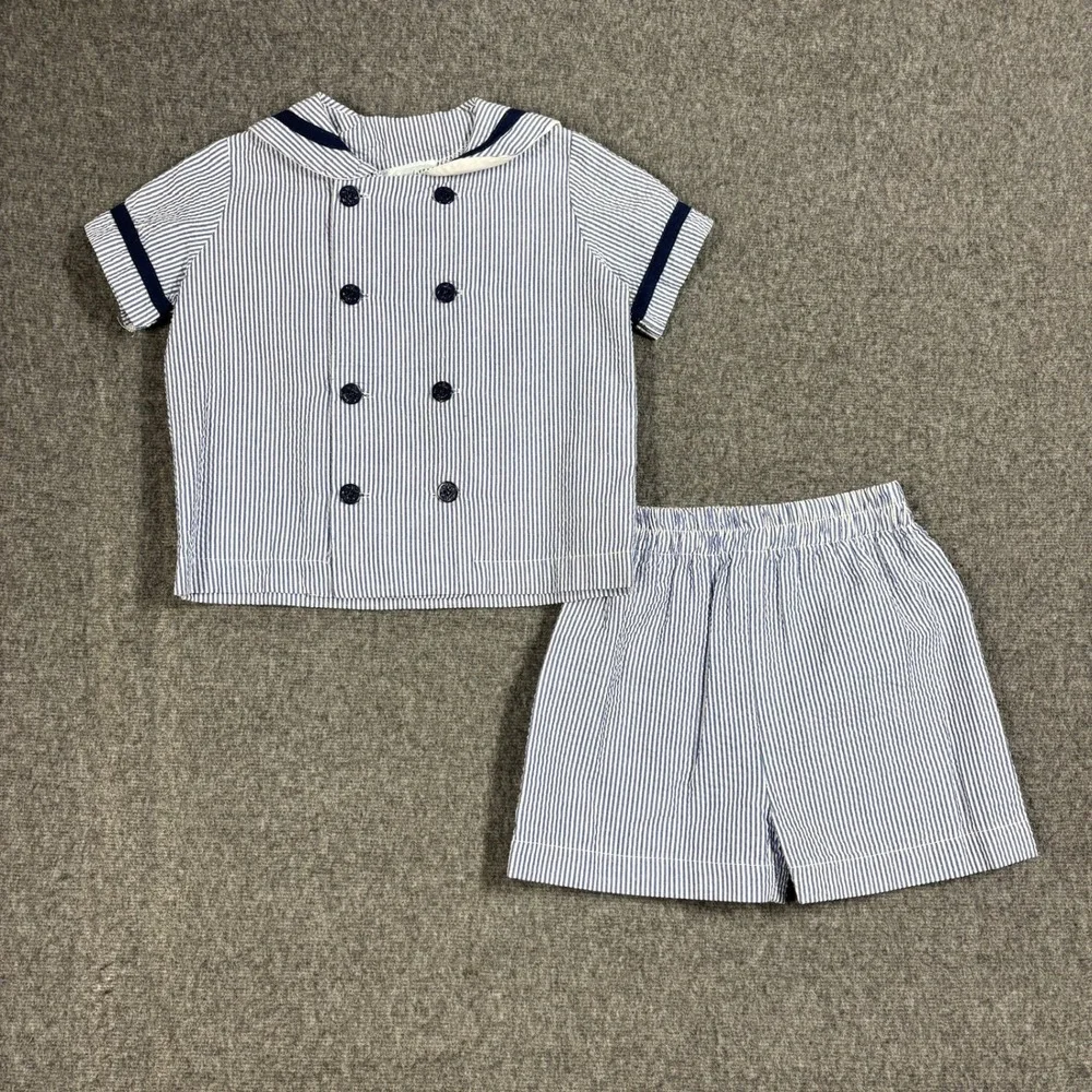 Funtasia Too Boys Sailor Seersucker Set Blue Stripe Anchor Buttons 4T 58200